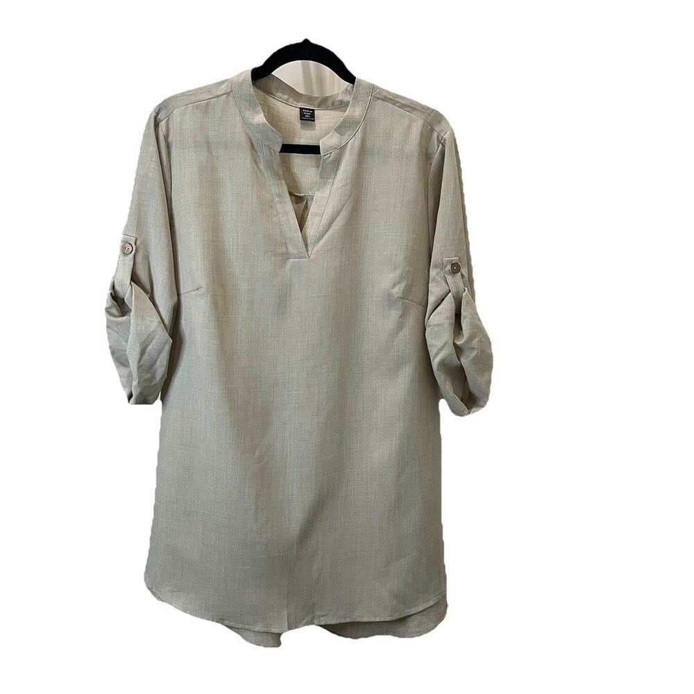Shein Curve Tan Cream Faux Button Boho Lagenlook Roll Tab Tunic Top Womens 2XL